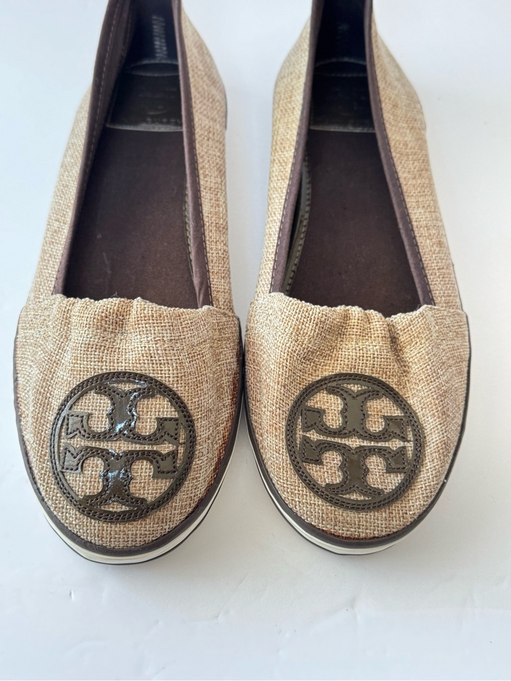 Tory Burch Natural Beige Canvas Logo Ballet Flats